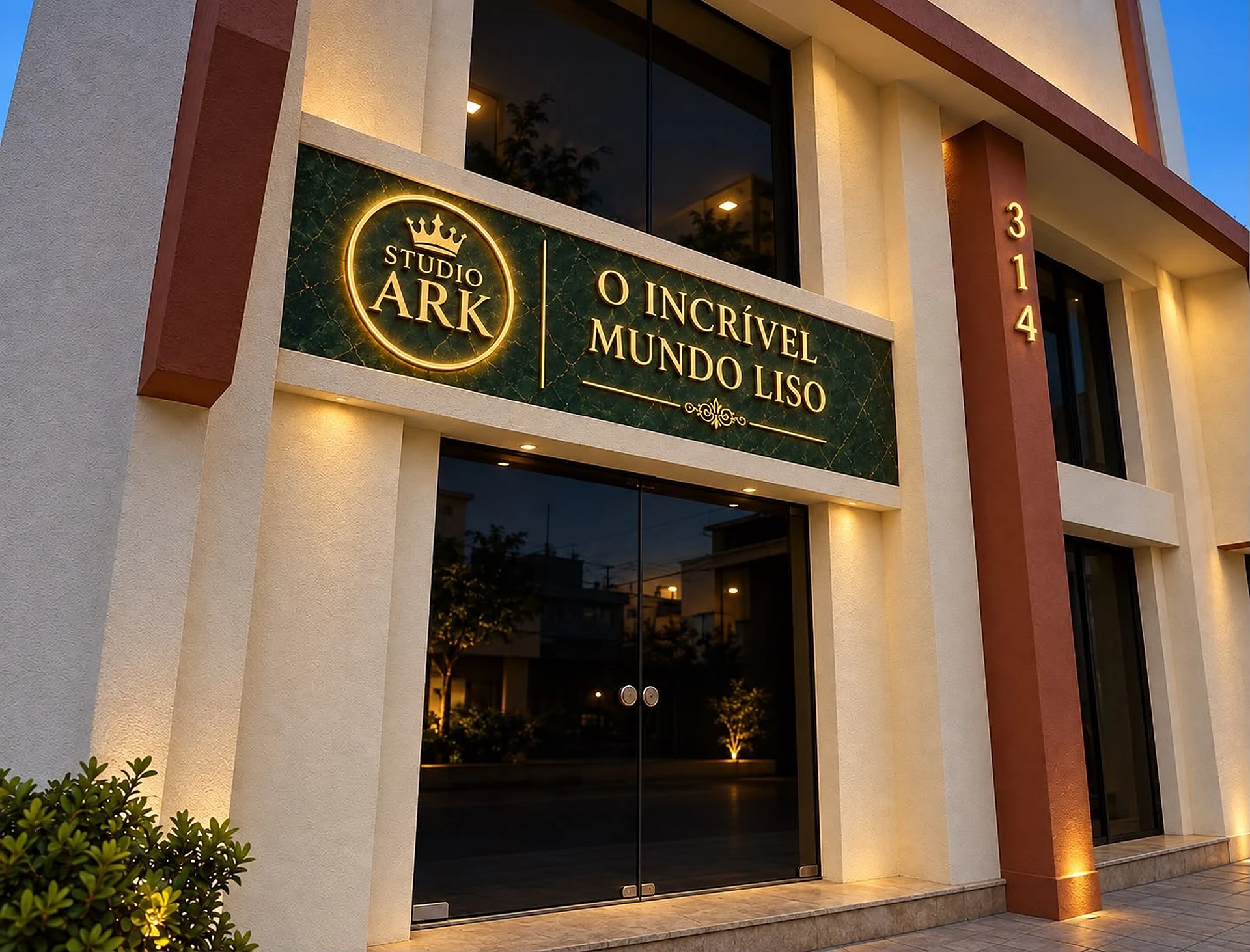 Fachada do Studio Ark no Butantã, com a placa O Incrível Mundo Liso