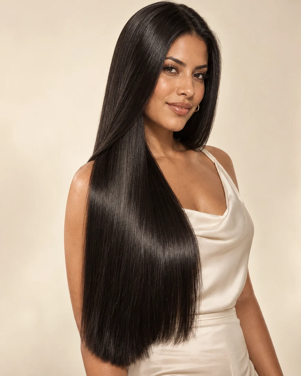 Modelo de imagem editorial com cabelo preto, longo, liso e brilhante, sobre roupa em tom champanhe